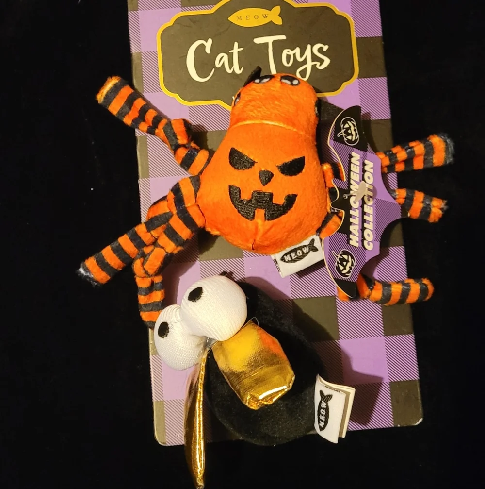 Cat Toys For Fall With Cat Nip Bugs- A Pumpkin Spider and A Fly w/Gold Wings